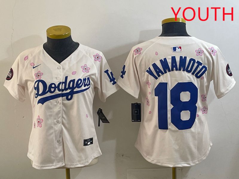 Youth Los Angeles Dodgers #18 Yamamoto Cream Sakura Edition 2025 Nike MLB Jersey style 8